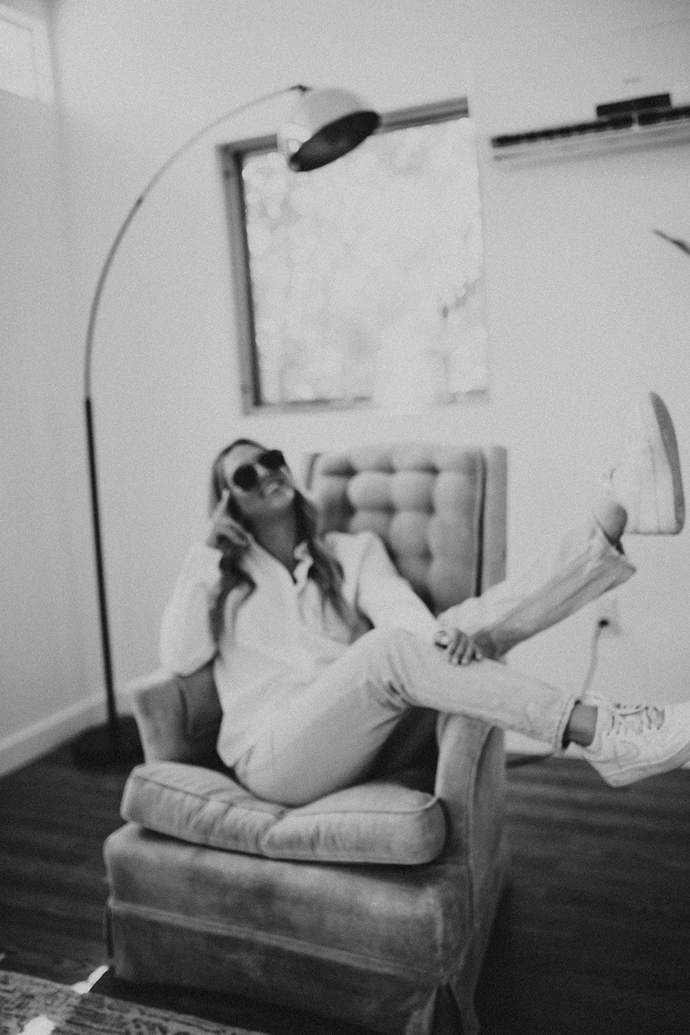 Alyssa in a relaxed black-and-white brand portrait